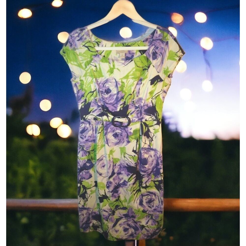 Jonathan Martin Women’s Floral Sheath Dress Size 8 Cream Purple Green Belted